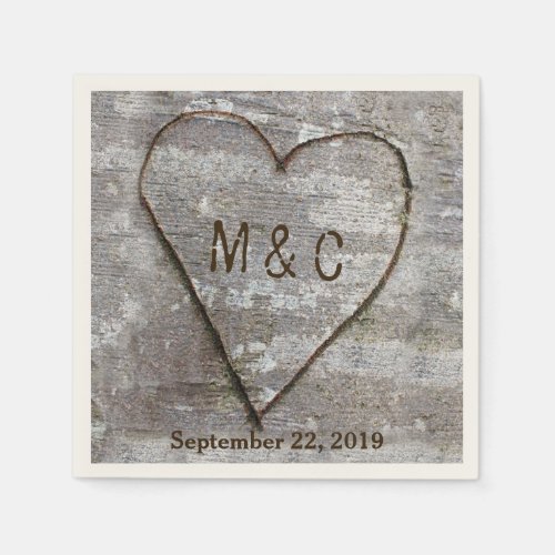 Rustic Carved Birch Heart Tree Wedding Initials Paper Napkins