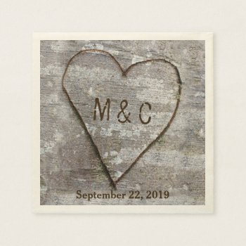 Rustic Carved Birch Heart Tree Wedding Initials Paper Napkins by bridalwedding at Zazzle