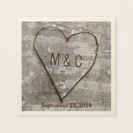 Rustic Carved Birch Heart Tree Wedding Initials Paper Napkins
