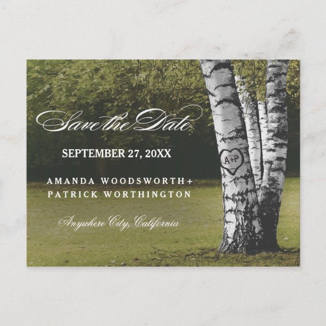 Rustic Carved Birch Tree Country Save The Date Announcement Postcard (Front)