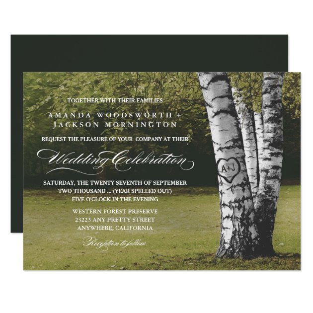 Rustic Carved Heart Birch Tree Wedding Invitations