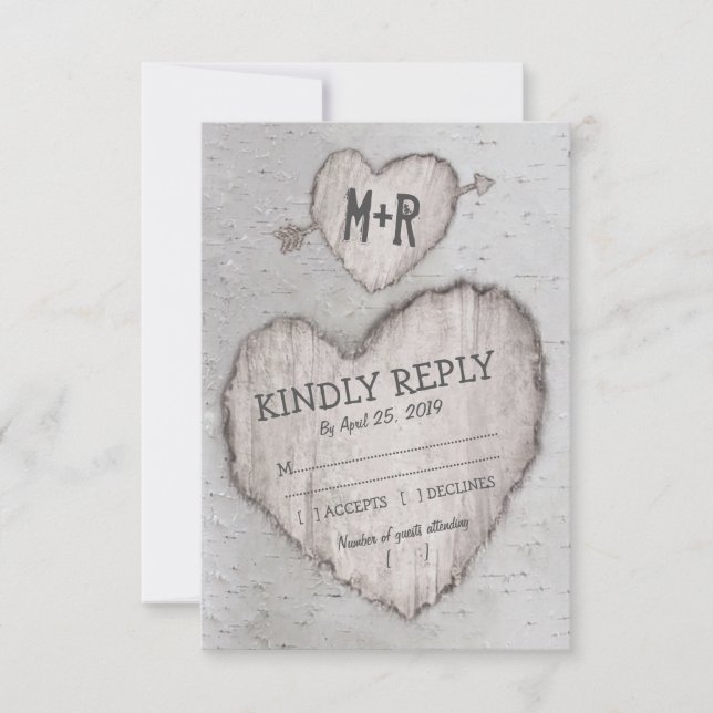 Rustic Carved Heart Birch Tree Wedding RSVP (Front)