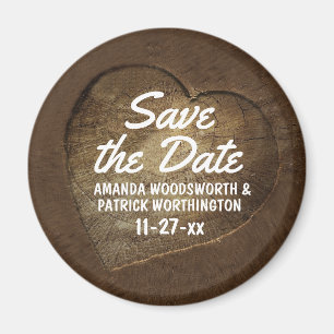 Rustic Carved Heart Oak Tree Slice Save the Date Magnet