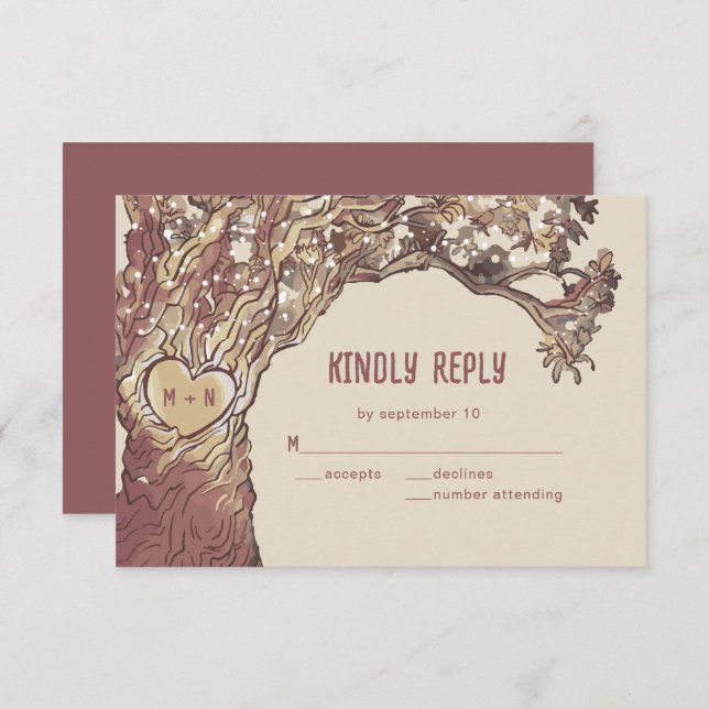 Rustic Carved Heart Oak Tree Wedding RSVP Card (Front/Back)