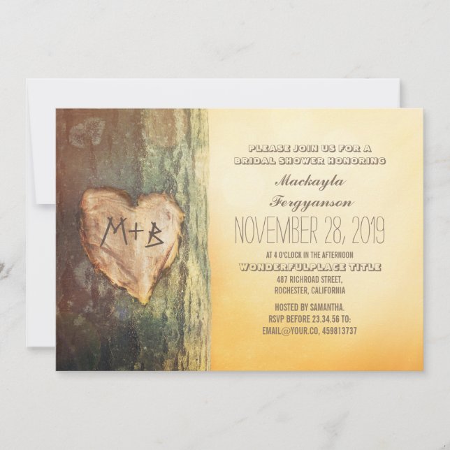 Rustic Carved Heart Tree Bridal Shower Invitation (Front)