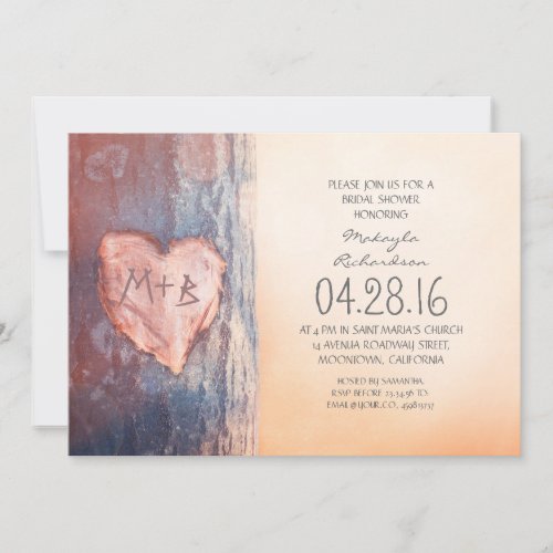 Rustic carved heart tree bridal shower invitation