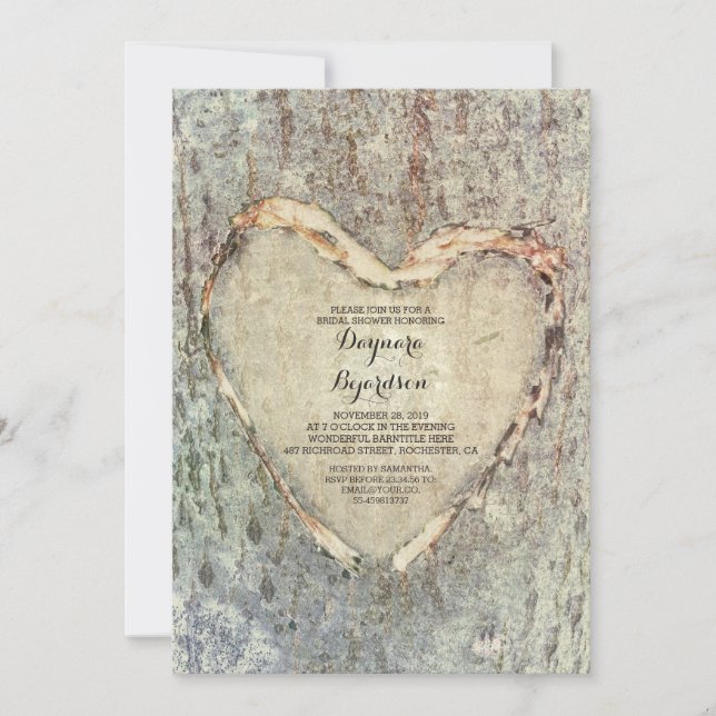 rustic carved heart tree vintage bridal shower invitation (Front)