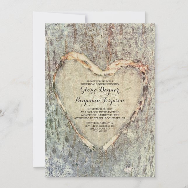 rustic carved heart tree vintage rehearsal dinner invitation (Front)