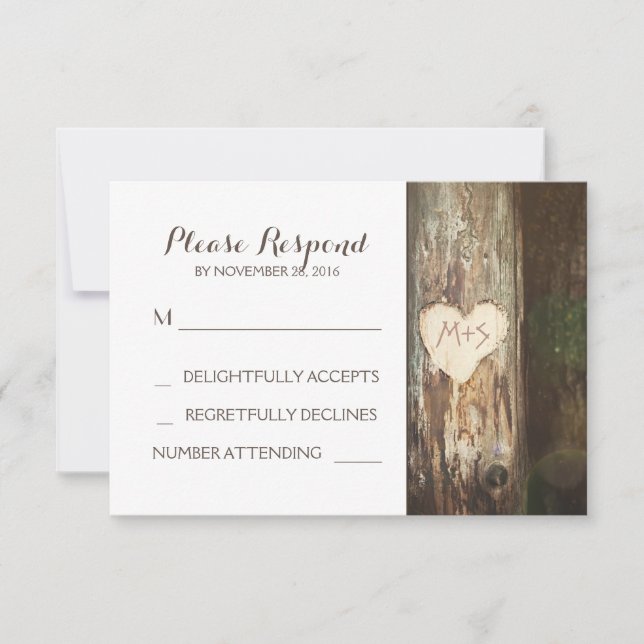 Rustic carved heart tree wedding RSVP cards (Front)