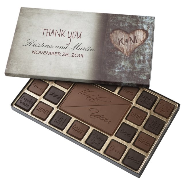 Rustic carved heart tree wedding thank you assorted chocolates (Opened)
