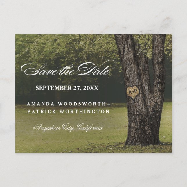 Rustic Carved Oak Tree Country Save The Date Announcement Postcard (Front)