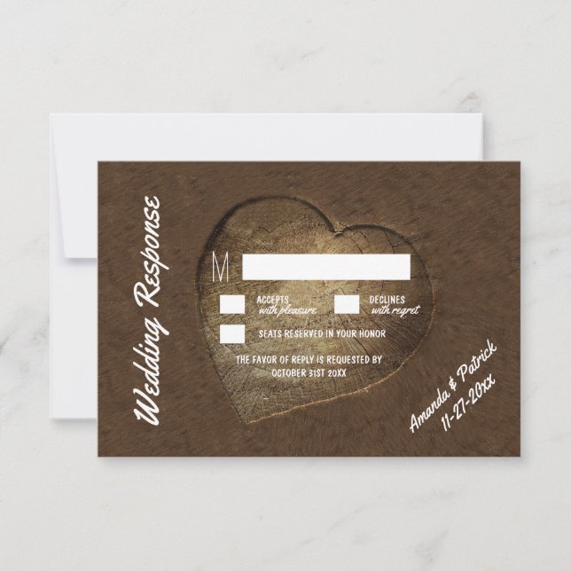 Rustic Carved Tree Slice Wedding RSVP Cards (Front)