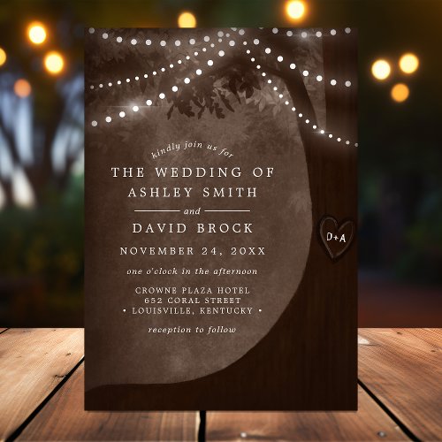 Rustic Carved Tree String Light Brown Wedding Invitation