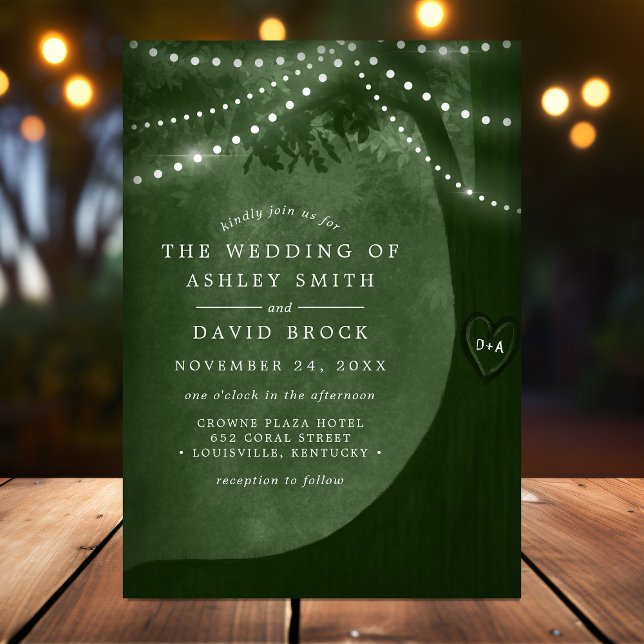 Rustic Carved Tree String Light Green Wedding Invitation (Creator Uploaded)
