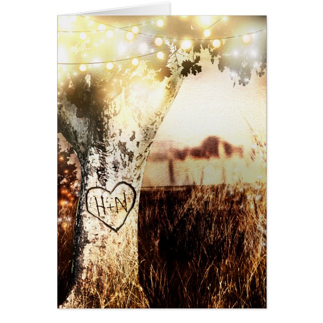 Rustic Carved Tree & String Lights Country Wedding Cards (Front)