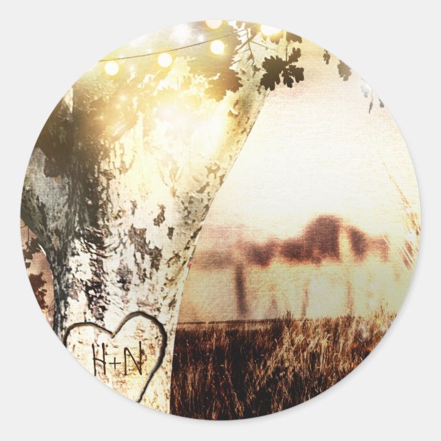 Rustic Carved Tree & String Lights Country Wedding Classic Round Sticker (Front)