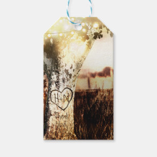 Rustic Carved Tree & String Lights Country Wedding Gift Tags