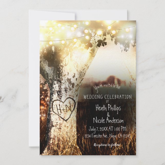 Rustic Carved Tree & String Lights Country Wedding Invitation (Front)