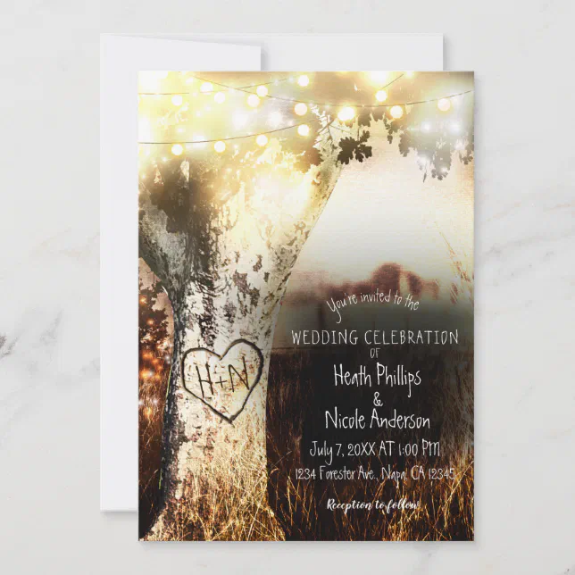 Rustic Carved Tree & String Lights Country Wedding Invitation | Zazzle