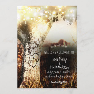 Rustic Carved Tree & String Lights Country Wedding Invitation