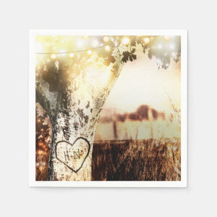 Rustic Carved Tree & String Lights Country Wedding Napkins