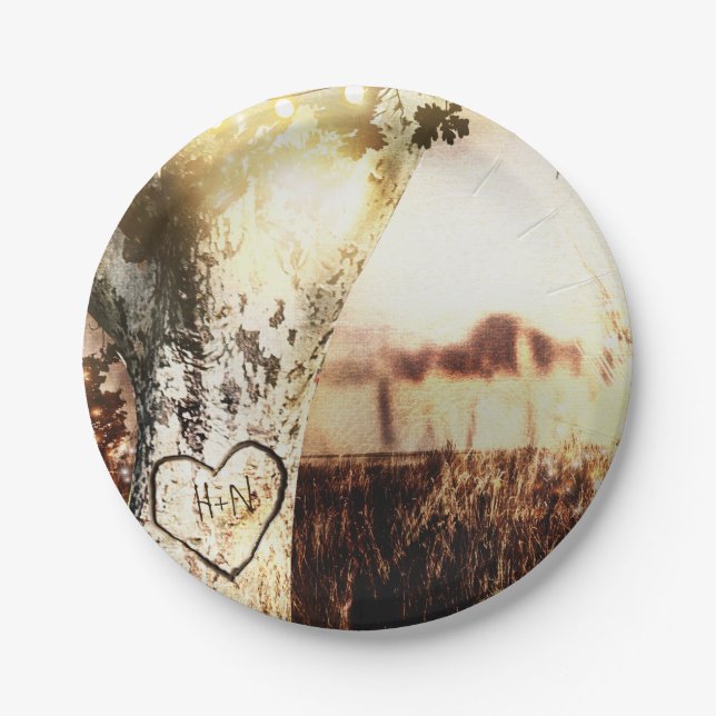 Rustic Carved Tree & String Lights Country Wedding Paper Plates (Front)