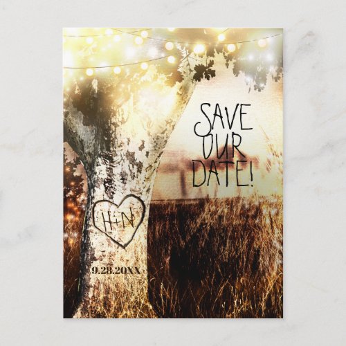 Rustic Carved Tree  String Lights Save The Date Announcement Postcard