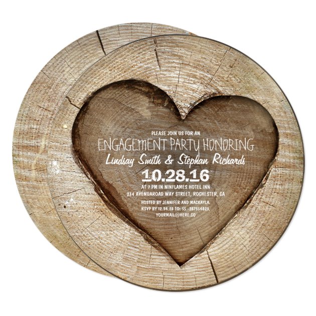 Rustic Carved Tree Wood Heart Engagement Party Invitation