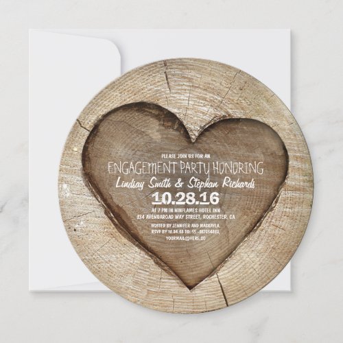 Rustic carved tree wood heart engagement party custom invite
