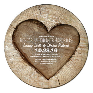 Rustic carved tree wood heart rehearsal dinner card