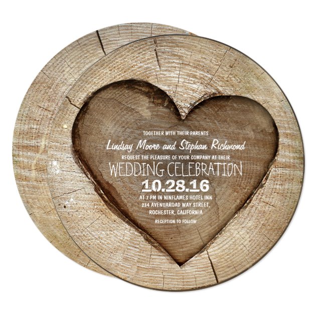 Rustic Carved Tree Wood Heart Wedding Invitation