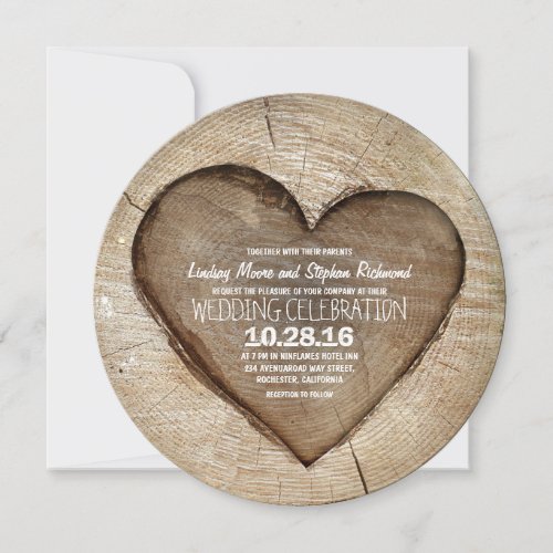 Rustic carved tree wood heart wedding invitation - Carved wood heart wedding invitation. Both sides of the invitation have this sharp old wood texture. It is just perfect, amazing invite for your barn wedding! -- All design elements created by Jinaiji. Please browse "Wood Heart Country Wedding Collection" for more matching items