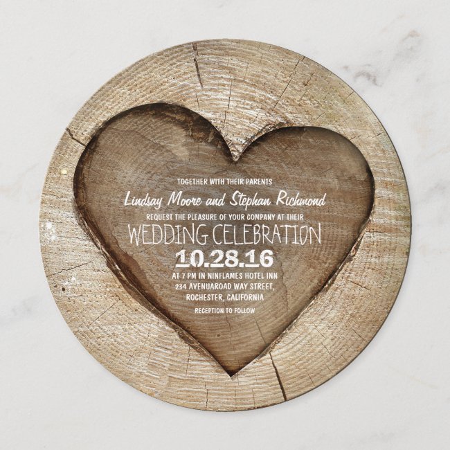 Rustic carved tree wood heart wedding invitation