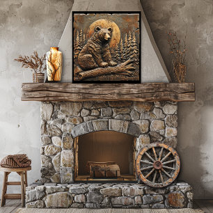 Rustic Carved Wood Bear Pine Trees Setting Sun Poster
