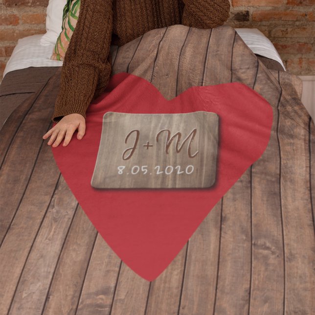 Rustic carved wood couple names monogram initials fleece blanket (Creator Uploaded)
