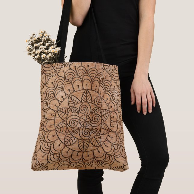 Rustic Carved Wood Floral Circles Mandala Tote Bag (Close Up)
