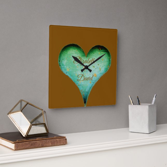 Rustic Carved Wood Look Couples Names Square Wall Clock (Office)