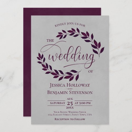 Rustic Cassis Purple Leaves Elegant Gray Wedding Invitation