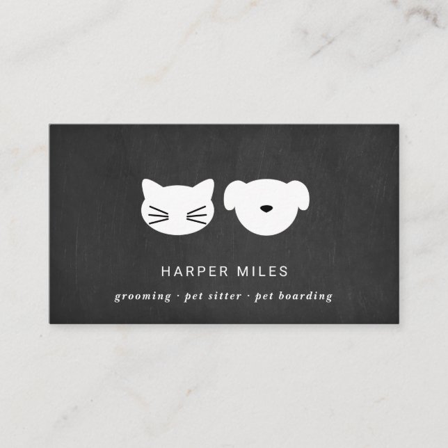 Rustic cat and dog symbol black chalkboard busines business card (Front)