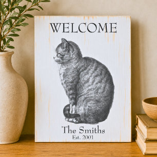 Rustic Cat Welcome Wooden Box Sign