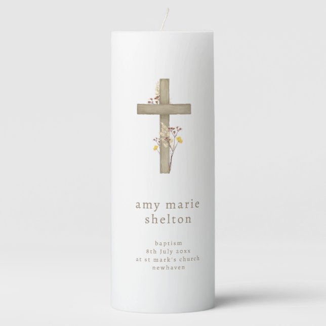 Rustic Catholic Baptism Pillar Candle (Front)