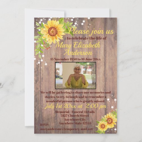 Rustic Celebration of Life Funeral Floral Photo Invitation