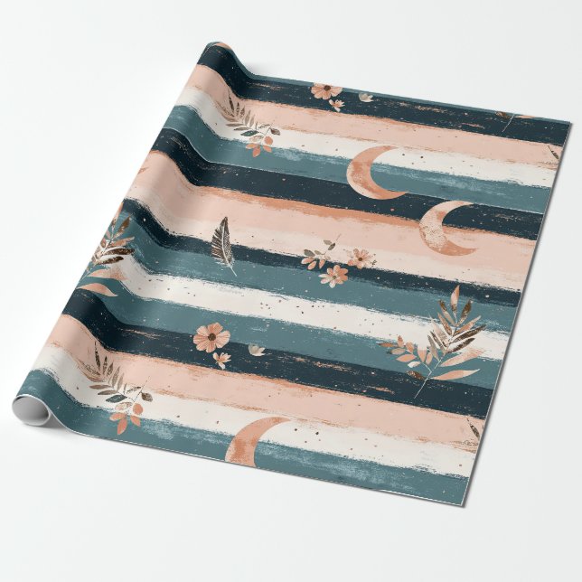 Rustic Celestial Stripe Moon Sun Earthy (2) Wrapping Paper (Unrolled)