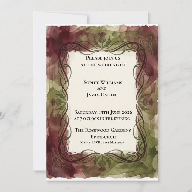Rustic Celtic Scroll Thistle Scottish Wedding Invitation (Front)
