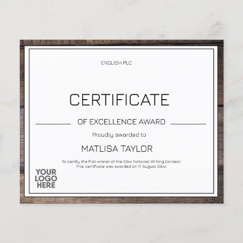Rustic Certificate of Excellence Award Add Logo 