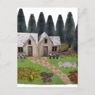 Rustic chalet with stepping stones for summer camp holiday postcard