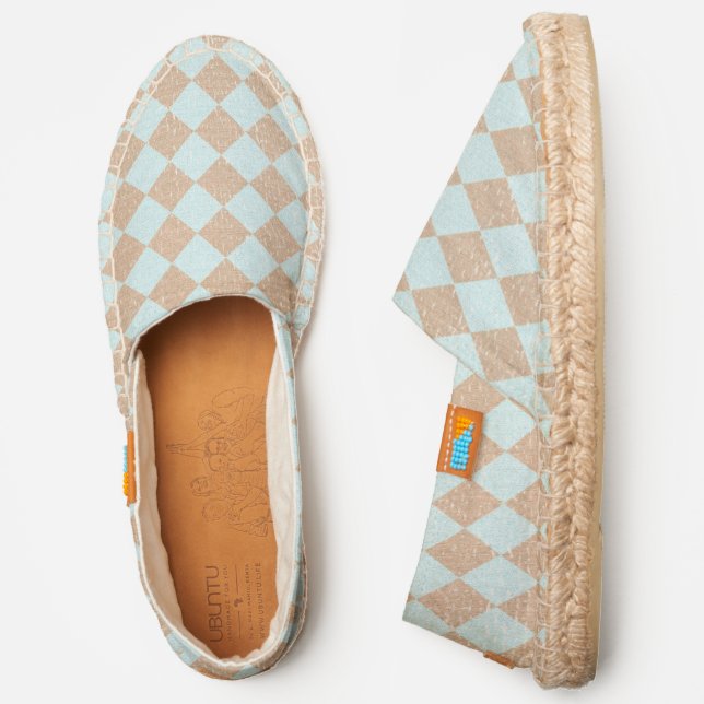 Rustic Chalk Blue Beige Argyle Pattern Espadrilles (Side)