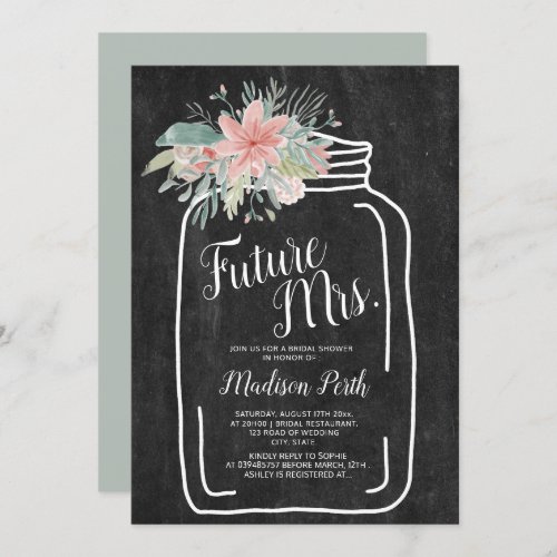 Rustic chalk floral mason jar script bridal shower invitation