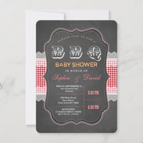 Rustic Chalk Gingham Baby Shower Barbecue Invite