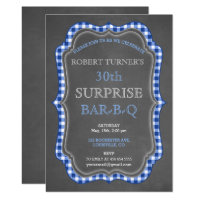 Rustic Chalk Gingham Surprise Birthday BBQ Invite
